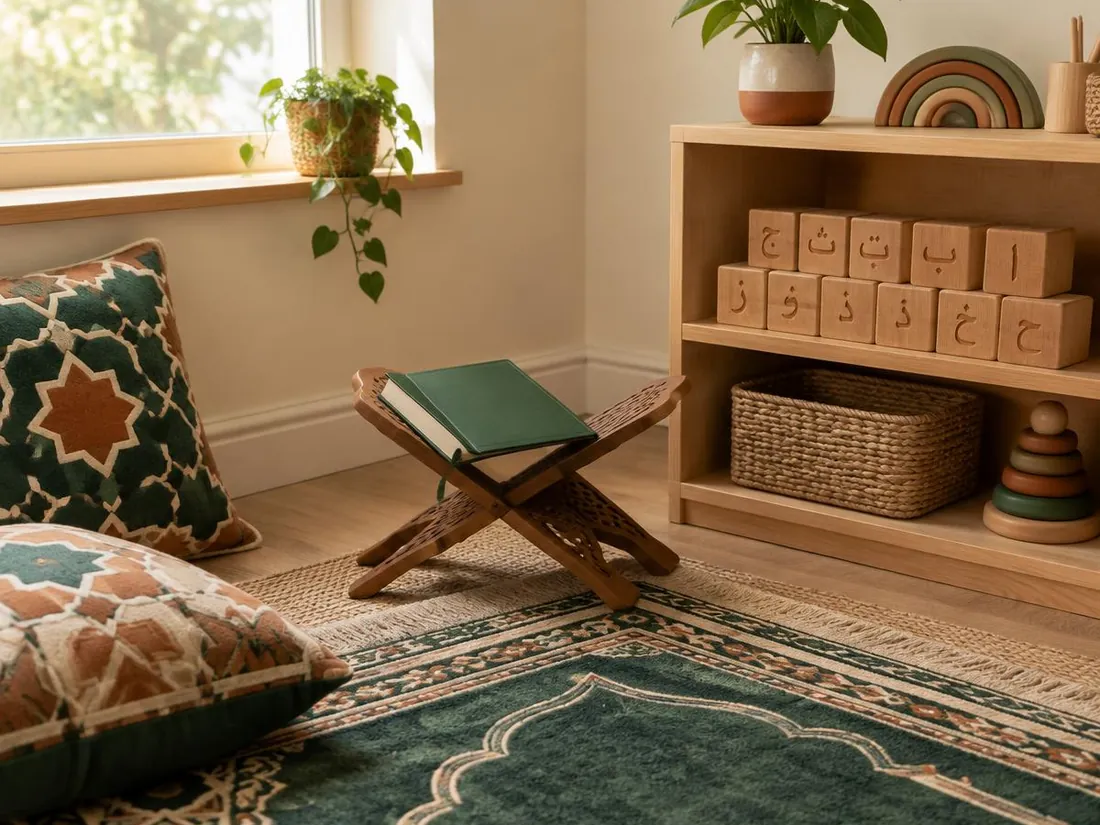 Quran and Arabic corner with a wooden rehal stand, wooden Arabic letter blocks and patterned floor cushions