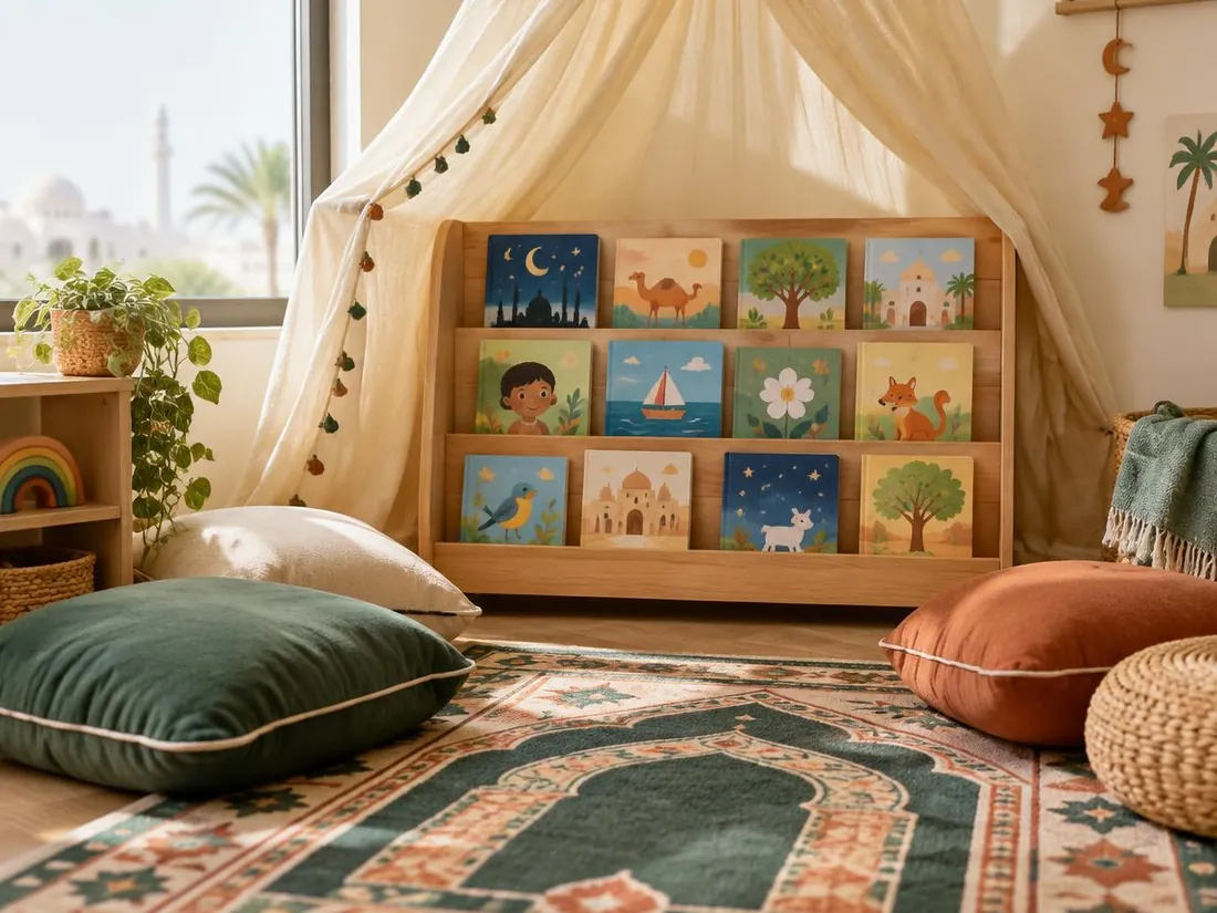 Cosy reading nook with picture books on a low shelf, floor cushions and a prayer-rug patterned rug