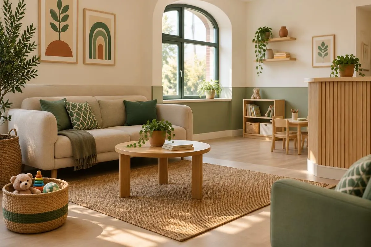 Welcoming parents' waiting area with a sofa, green cushions, a toy basket and an arched window