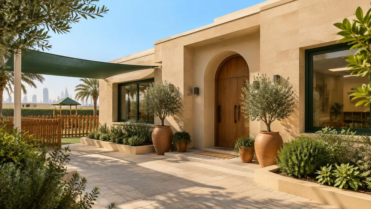 Sandstone nursery building with an arched wooden door, olive trees in terracotta pots and a shaded play yard