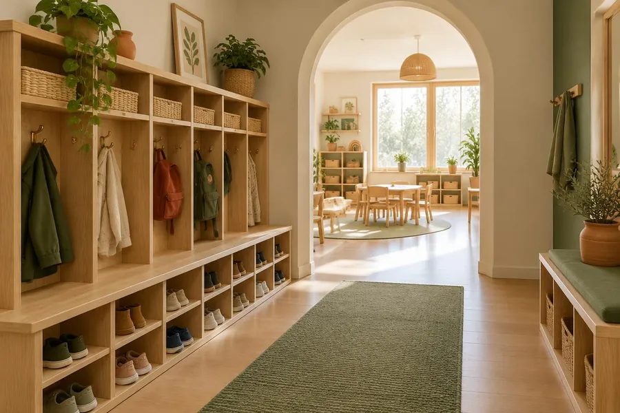 Entrance hall with wooden cubbies, coat hooks and small shoes, leading to a bright classroom