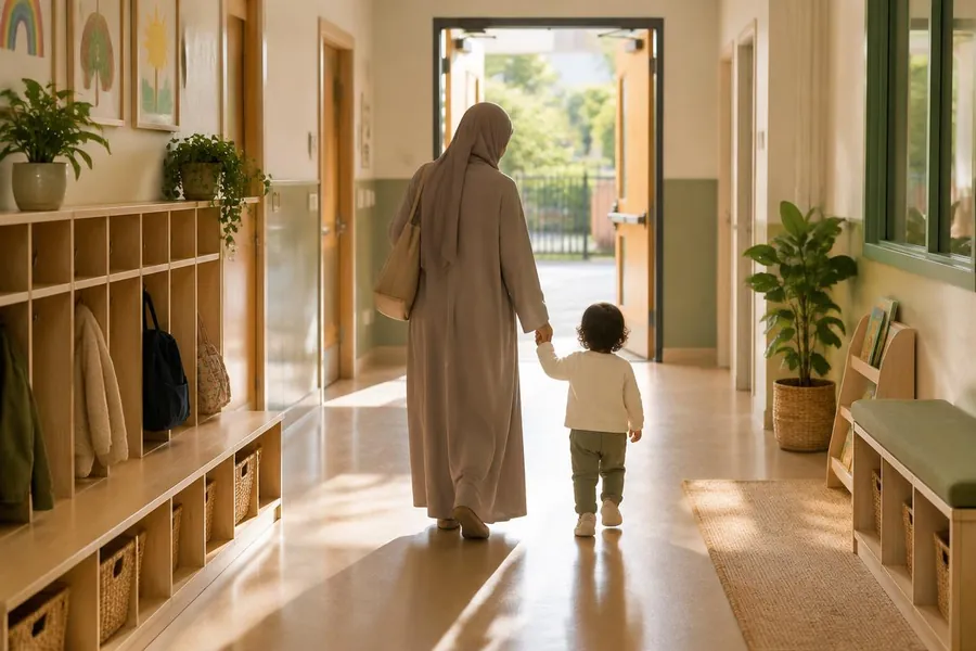 A parent and toddler seen from behind, walking hand in hand down a sunlit corridor at home time