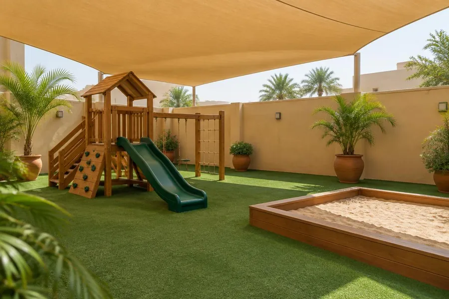 Shaded outdoor play yard with a wooden climbing frame, slide and sandpit