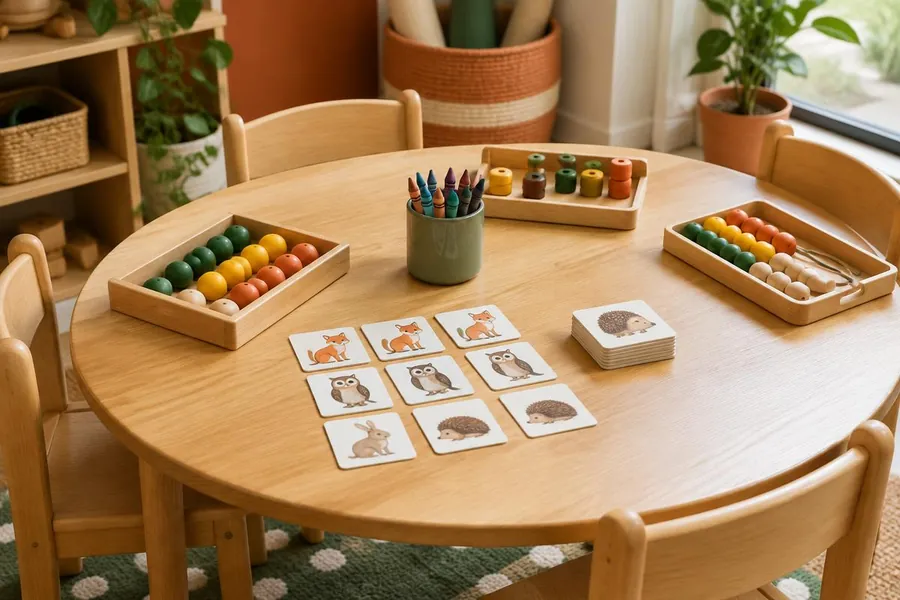 Activity table set with counting beads, animal picture cards and crayons