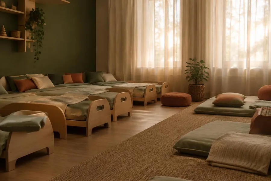 Calm nap room with low wooden cots, soft bedding and sheer curtains
