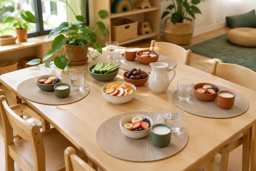 Snack table with bowls of fruit, dates and cucumber, and cups of water and laban