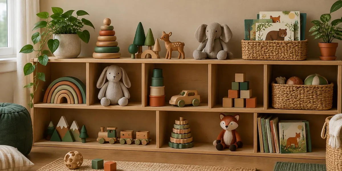 Low wooden shelf with soft toys, stacking toys, wooden blocks and picture books