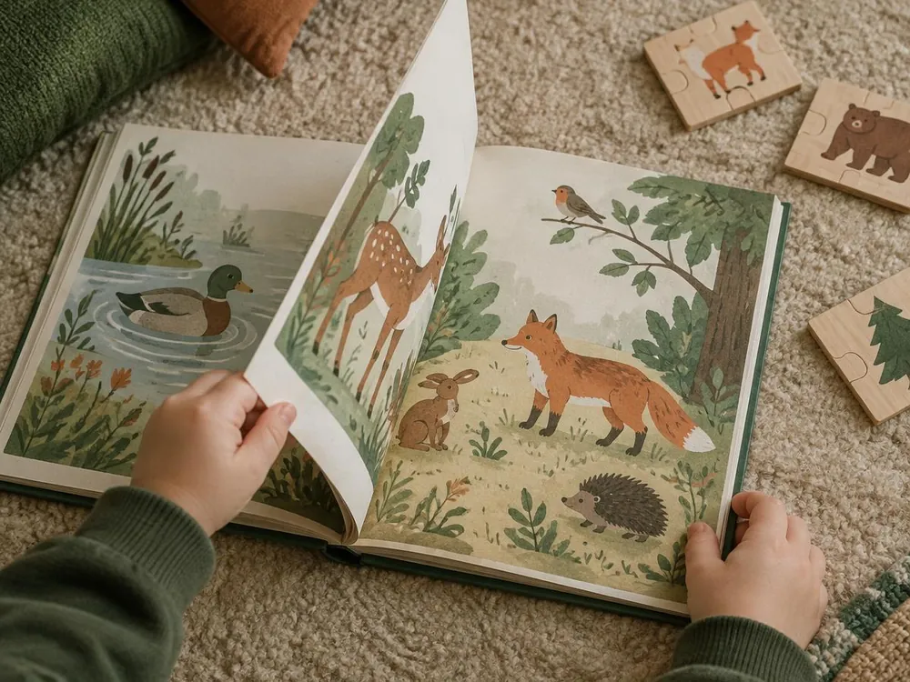 A child's hands turning the pages of an illustrated animal picture book