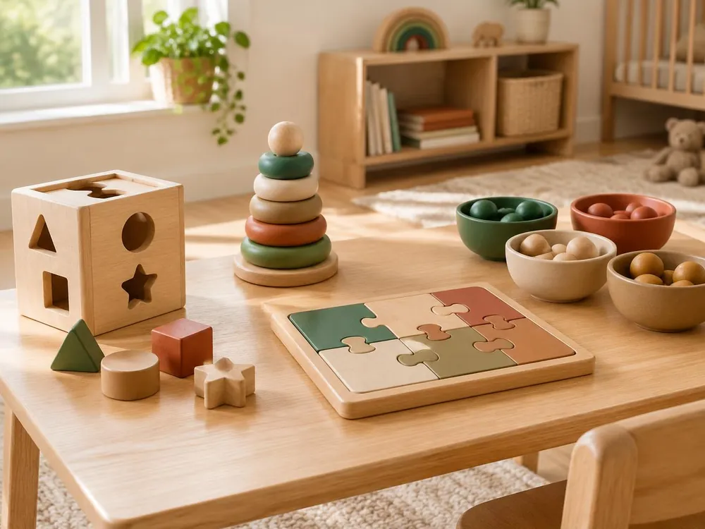 Wooden educational toys on a low table: shape sorter, stacking rings, puzzle and colour-sorting bowls