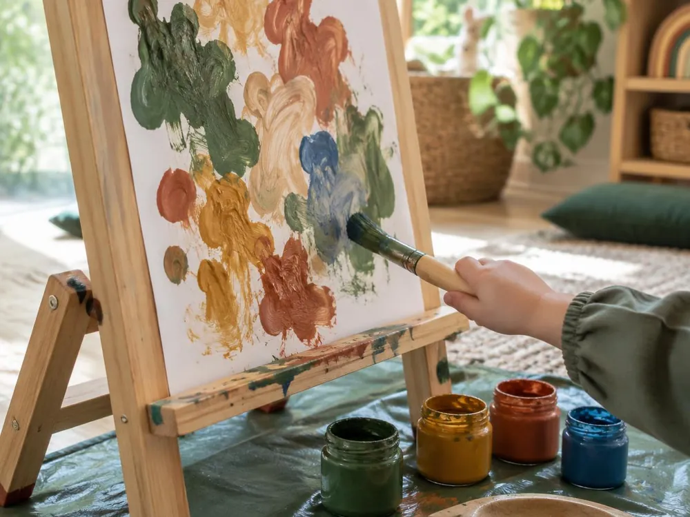 A small hand painting colourful shapes on a wooden easel, with paint jars below