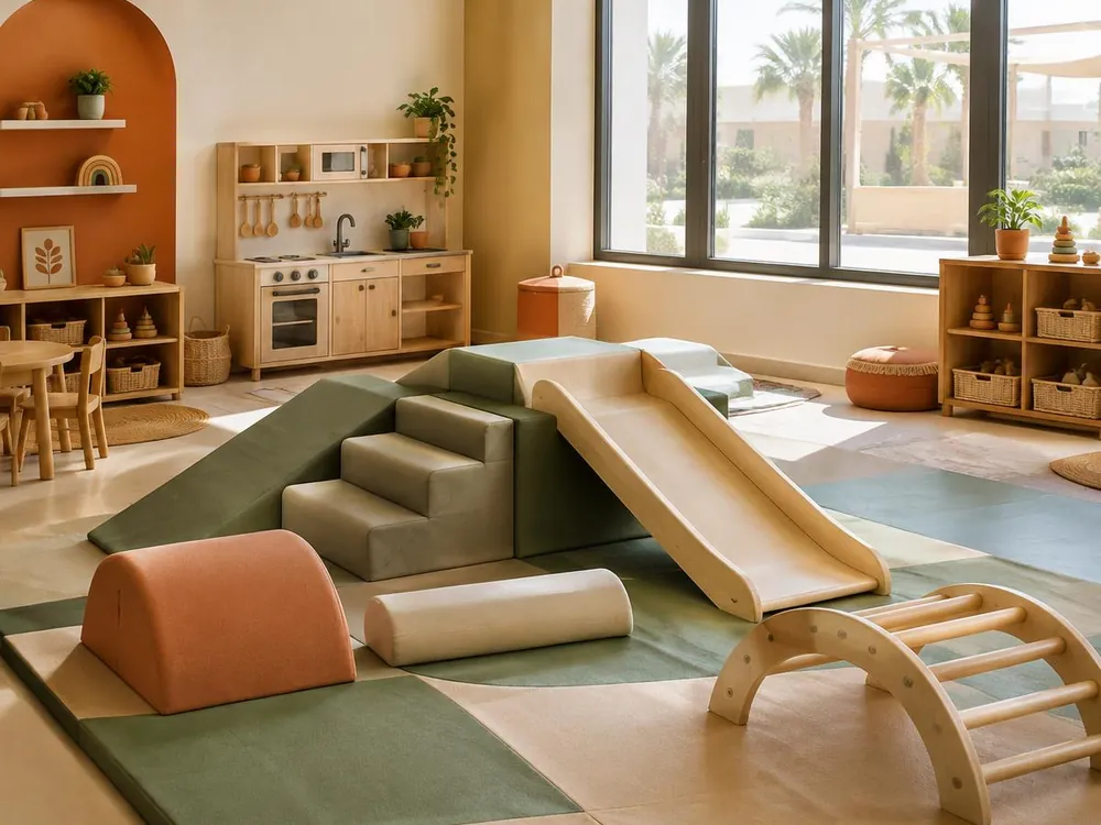 Indoor play area with soft climbing blocks, a small wooden slide and a play kitchen
