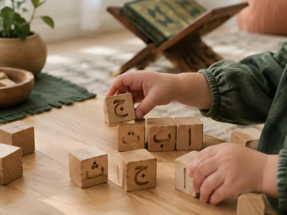 A toddler's hands arranging wooden Arabic letter blocks, with a wooden rehal stand in the background