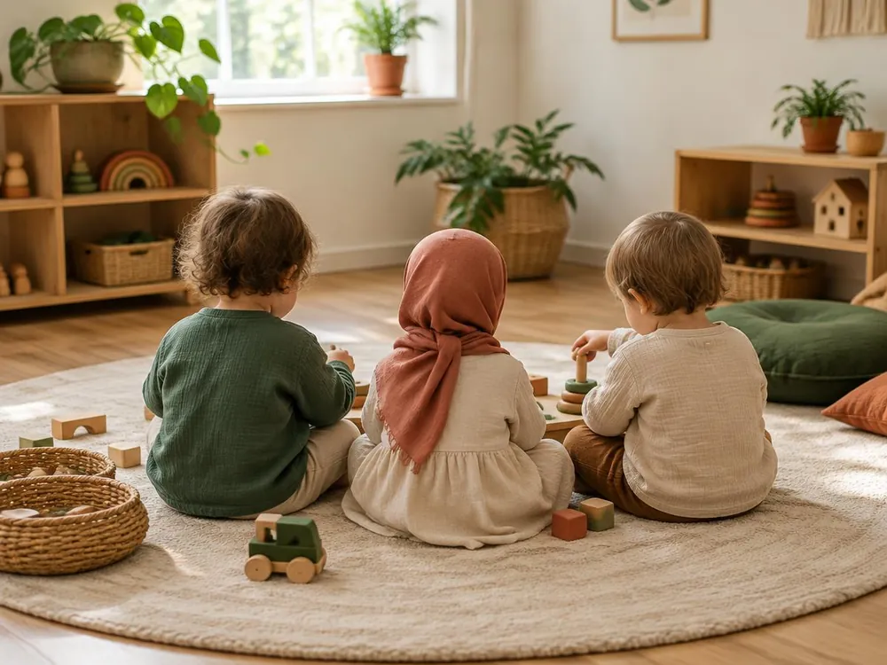 Three toddlers seen from behind, sitting together on a round rug and sharing wooden toys
