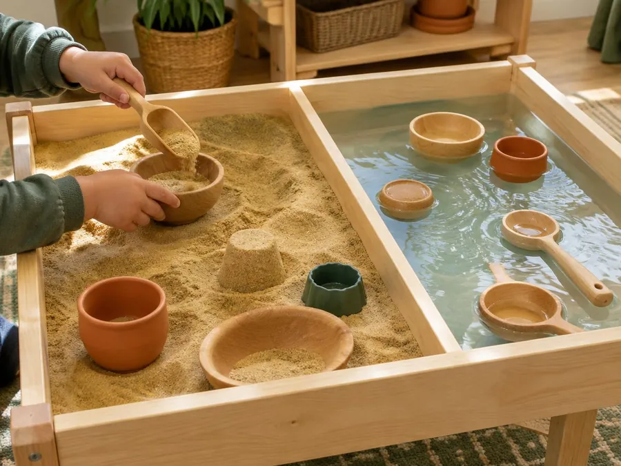 Sand and water play table with wooden scoops and bowls, a child's hands scooping sand